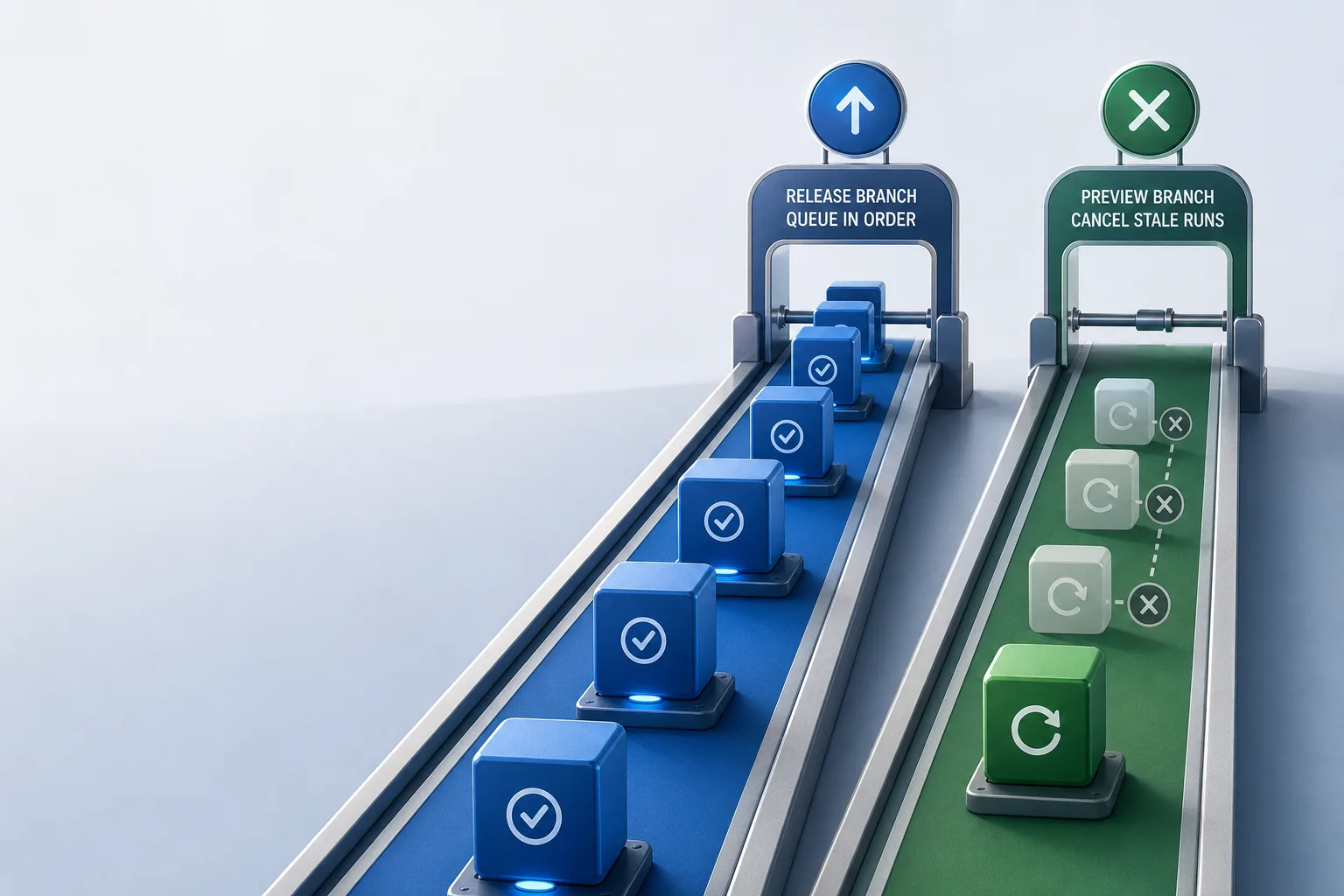 AI-generated editorial illustration of a release deployment queue beside a canceled preview deployment, showing two different overlap policies.