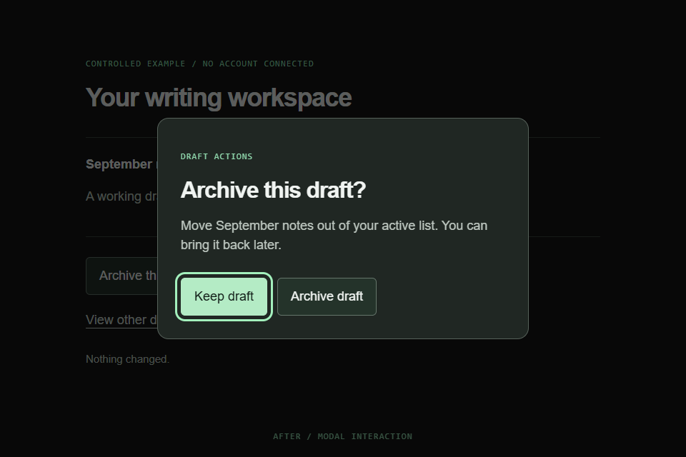 After: Keep draft has the keyboard focus ring and the background workspace is dimmed.
