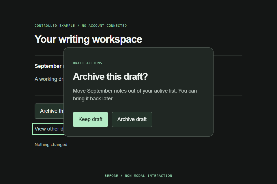 Before: the focus outline reaches View other drafts behind the still-open confirmation.