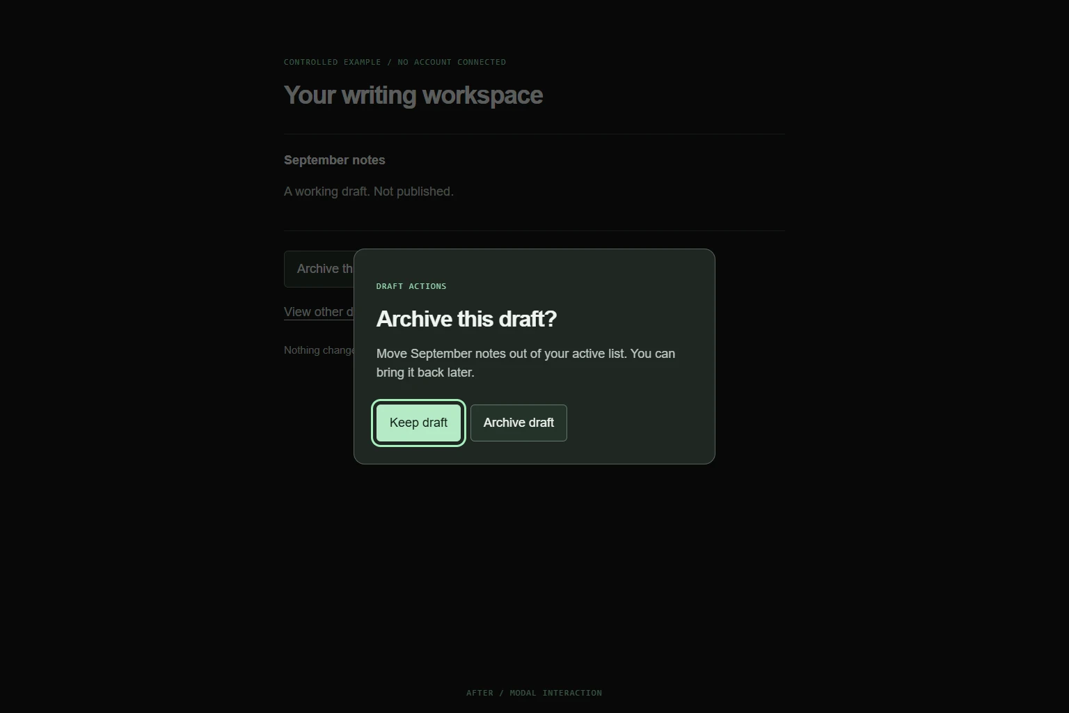 Controlled writing-workspace example with keyboard focus on Keep draft inside an archive confirmation.