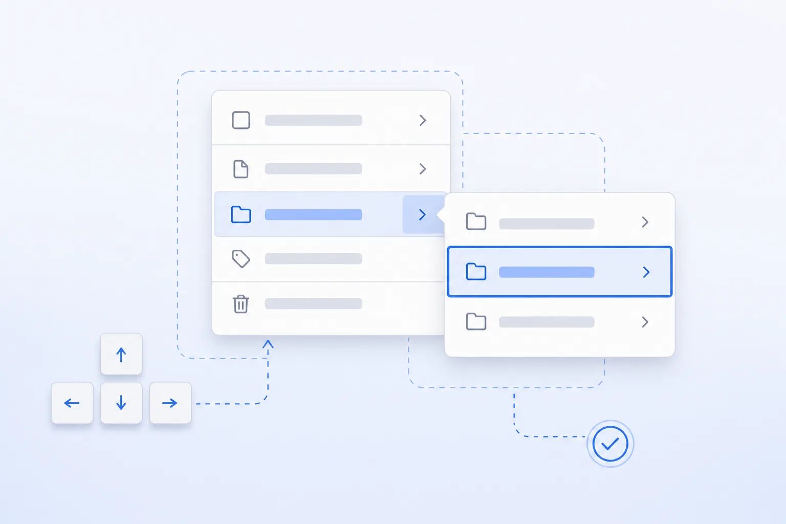 AI-generated editorial illustration of a parent menu and nested submenu with subtle focus cues and layered panels