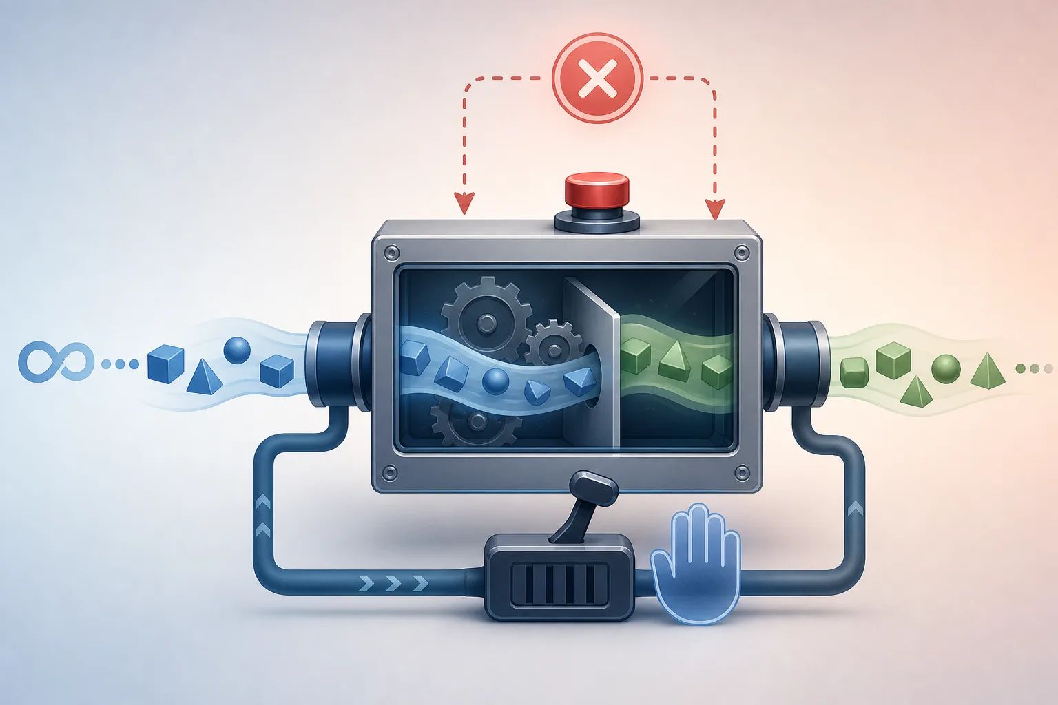 AI-generated editorial illustration of a Node.js stream pipeline with a readable source, transform stage, writable sink, and a visible pause-and-cancel flow.