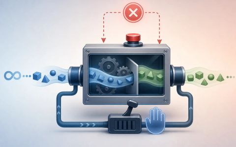 AI-generated editorial illustration of a Node.js stream pipeline with a readable source, transform stage, writable sink, and a visible pause-and-cancel flow.