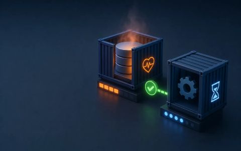 AI-generated editorial illustration showing a dependent service waiting on a backend readiness signal in a restrained dark DevOps composition.