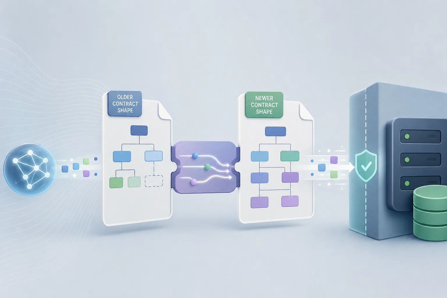 AI-generated editorial illustration of a versioned schema migration with an adapter layer between a model proposal and a server contract.