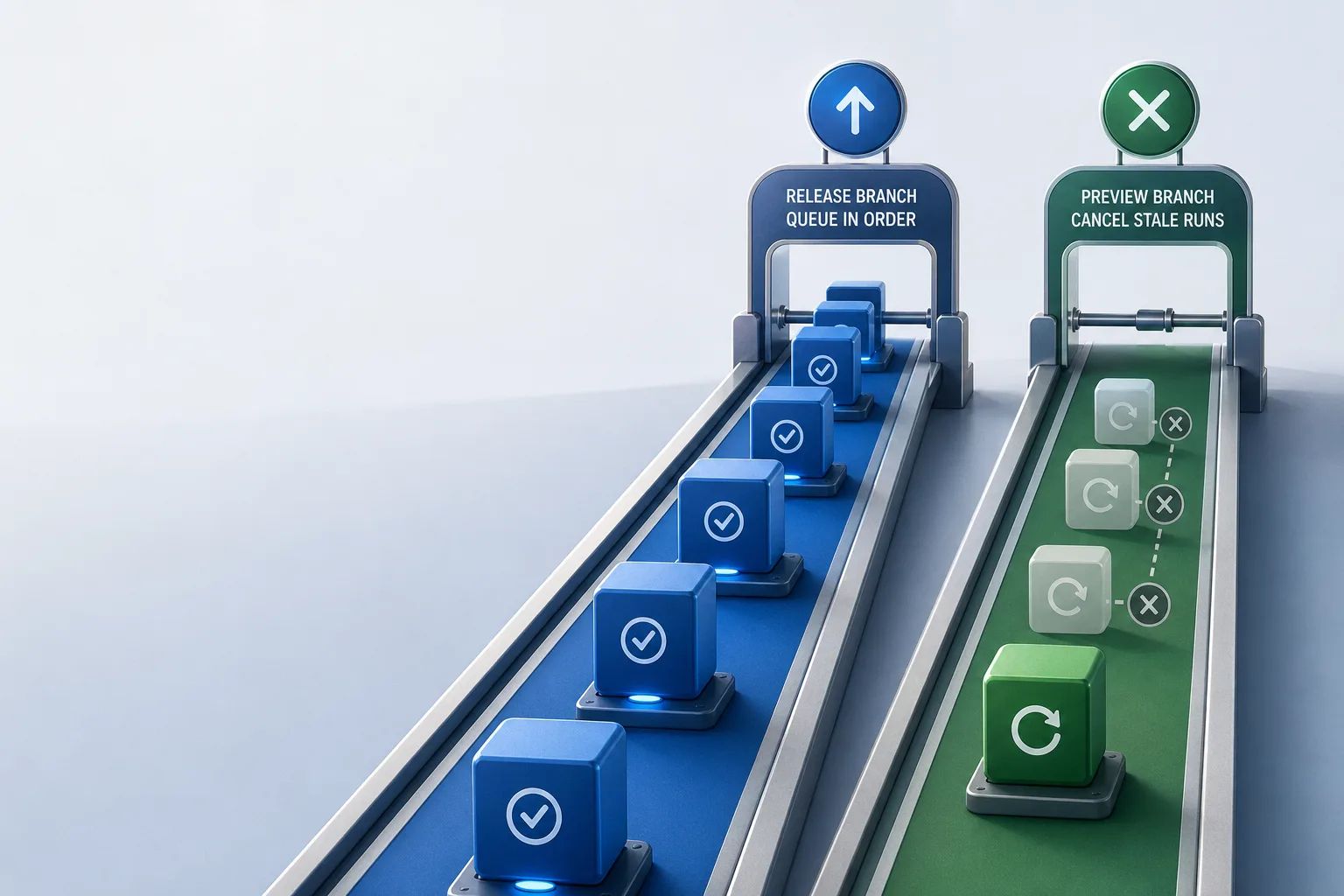 AI-generated editorial illustration of a release deployment queue beside a canceled preview deployment, showing two different overlap policies.