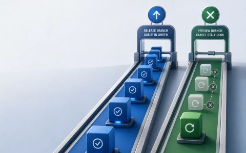 AI-generated editorial illustration of a release deployment queue beside a canceled preview deployment, showing two different overlap policies.