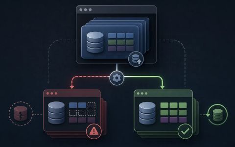 AI-generated editorial illustration of an interrupted IndexedDB upgrade on one side and a successful recovery path on the other side, with a clean browser-style database motif and room for title text.