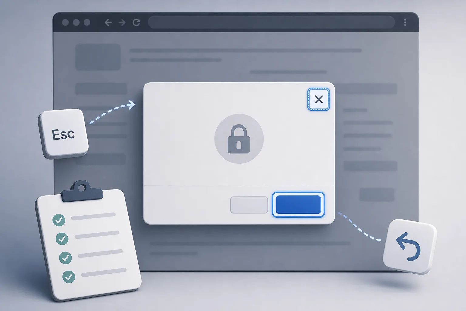 AI-generated editorial illustration of a browser window with a native modal dialog, a highlighted keyboard focus ring, and the rest of the page dimmed behind it, with no fake product branding or text-heavy interface.