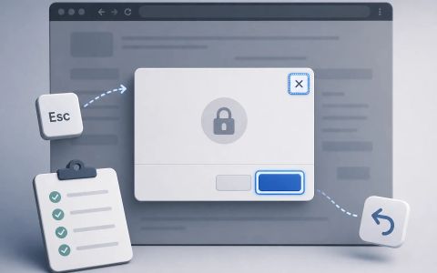 AI-generated editorial illustration of a browser window with a native modal dialog, a highlighted keyboard focus ring, and the rest of the page dimmed behind it, with no fake product branding or text-heavy interface.