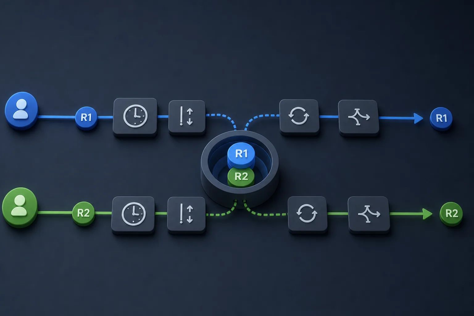 AI-generated editorial illustration of two concurrent async request lanes carrying separate IDs through Node.js context tracking.