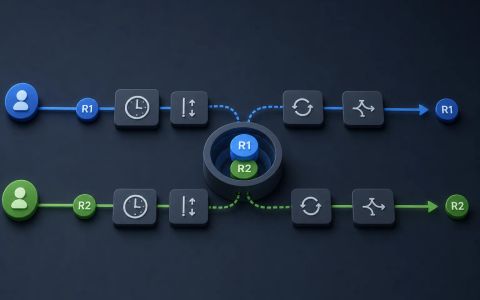 AI-generated editorial illustration of two concurrent async request lanes carrying separate IDs through Node.js context tracking.