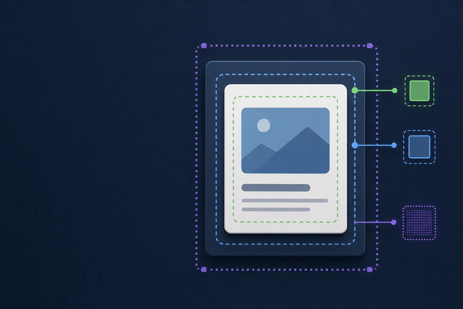 AI-generated editorial illustration showing content box, border box, and device-pixel measurements as three distinct outlines around one element.