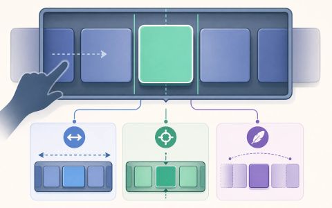 AI-generated editorial illustration of a CSS scroll snap debugging scene with a highlighted scroll container, axis cues, and one item landing point to suggest checking container axis, child alignment, and snap strictness.
