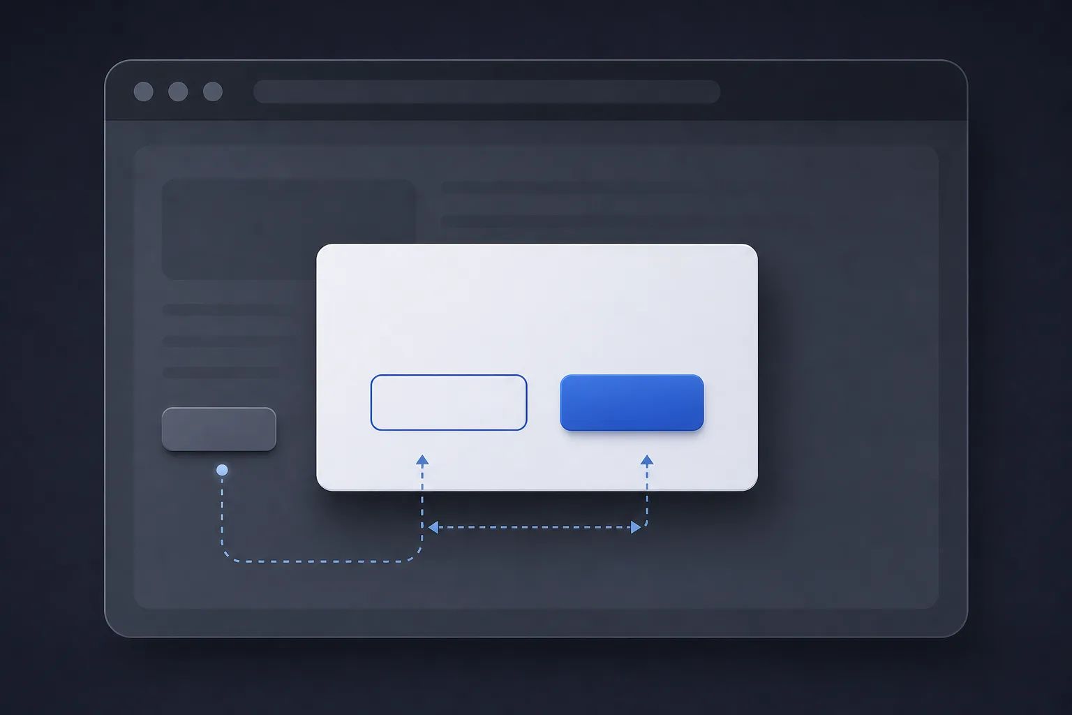 AI-generated editorial illustration of a native modal dialog centered above a dimmed page, with two internal controls and one background control suggested in a restrained interface composition.