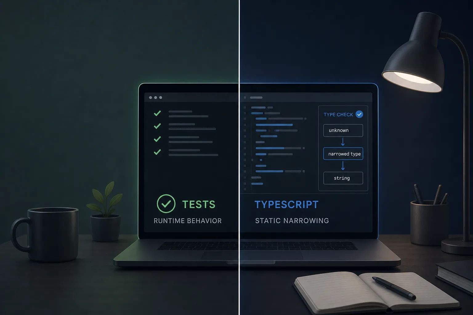AI-generated illustration of a split developer workspace showing a Node test runner beside a TypeScript compiler check, emphasizing runtime verification versus static narrowing.
