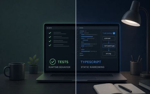 AI-generated illustration of a split developer workspace showing a Node test runner beside a TypeScript compiler check, emphasizing runtime verification versus static narrowing.