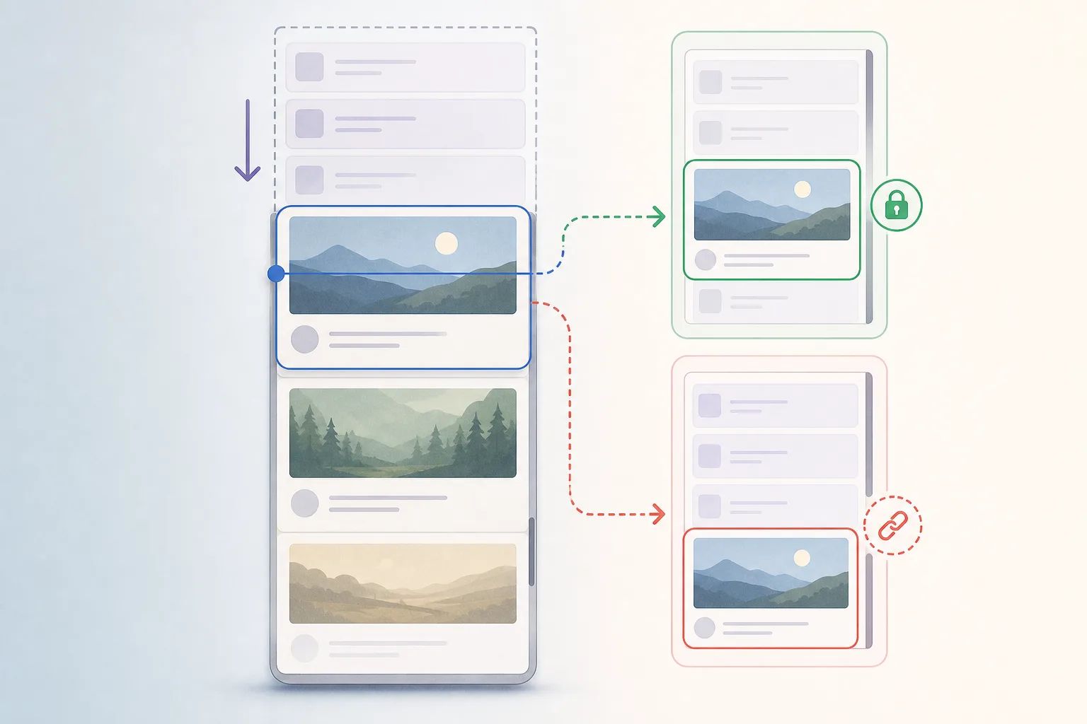 AI-generated editorial illustration of a feed split into an anchored path and a transform-suppressed path.